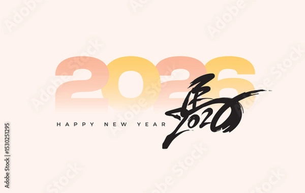 Fototapeta Chinese New Year 2026 modern art calligraphy design template for greeting card, poster, banner. Chinese zodiac Horse symbol. Chinese word mean Happy New Year and symbol of the Year of the Horse