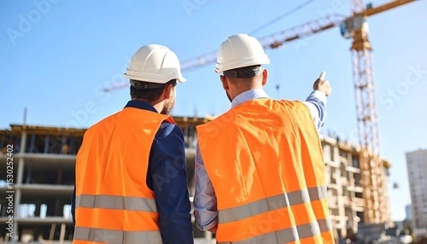 Fototapeta Two construction workers in safety gear observe the site, pointing towards a crane on a clear day