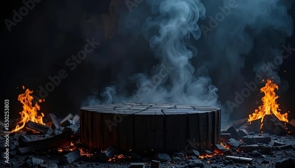 Obraz Blackened burnt wood display podium in smoky, dramatic environment for bold or intense product showcase