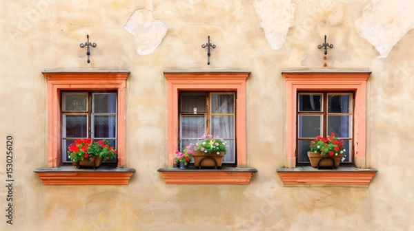 Fototapeta  Charming windows with flower pots on a serene beige wall captured in summer light