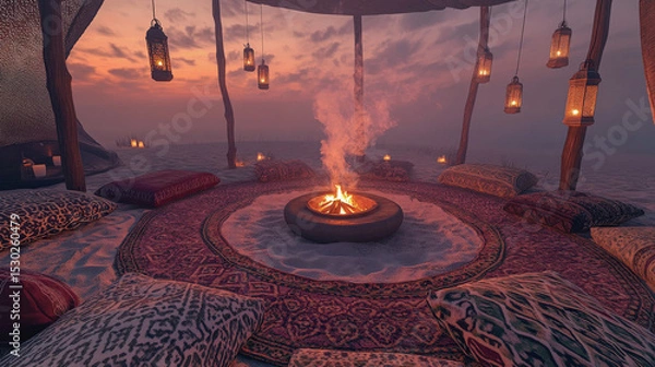 Fototapeta Patterned Rug Circle and Lantern Poles at Dusk Creating Intimate Atmosphere of Sommerwerft Gathering