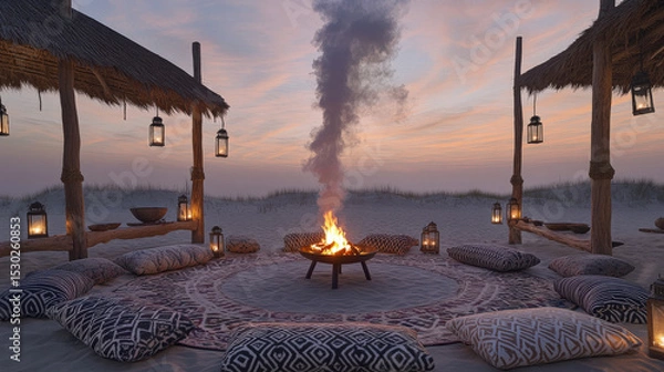 Obraz Patterned Rug Circle and Lantern Poles at Dusk Creating Intimate Atmosphere of Sommerwerft Gathering