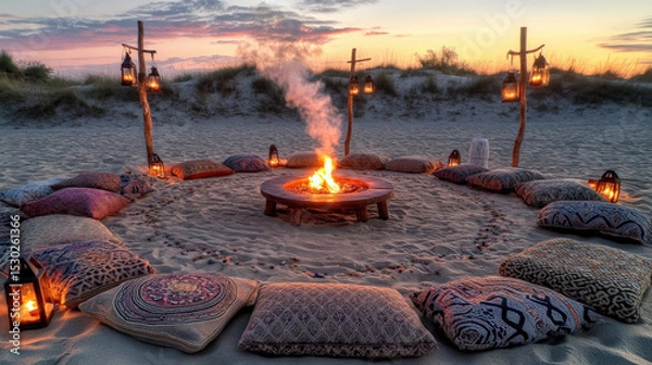 Obraz Patterned Rug Circle and Lantern Poles at Dusk Creating Intimate Atmosphere of Sommerwerft Gathering