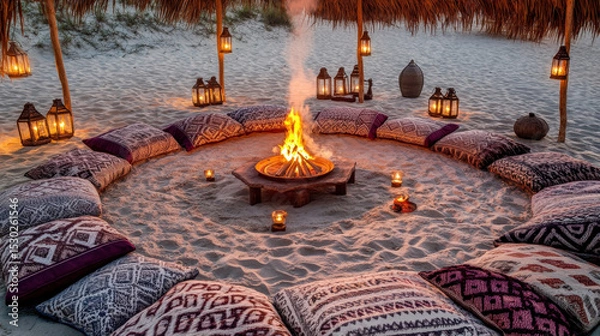 Fototapeta Patterned Rug Circle and Lantern Poles at Dusk Creating Intimate Atmosphere of Sommerwerft Gathering