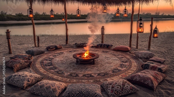 Obraz Patterned Rug Circle and Lantern Poles at Dusk Creating Intimate Atmosphere of Sommerwerft Gathering