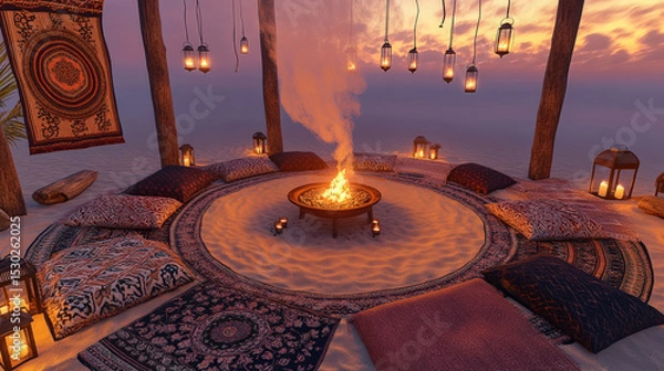 Obraz Patterned Rug Circle and Lantern Poles at Dusk Creating Intimate Atmosphere of Sommerwerft Gathering
