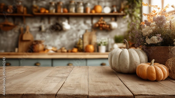 Obraz Wood table with copy space in autumn kitchen with pumpkin decorations