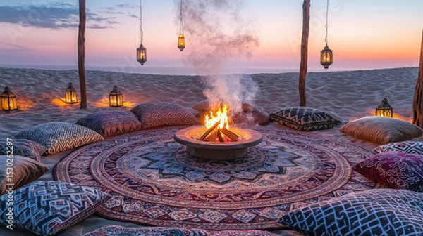 Obraz Patterned Rug Circle and Lantern Poles at Dusk Creating Intimate Atmosphere of Sommerwerft Gathering