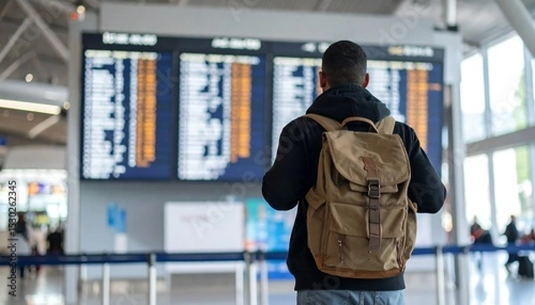 Fototapeta Rear view of a man looking at flight schedule board with a backpack in a modern airport terminal