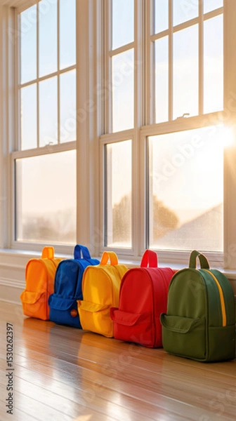 Fototapeta Cheerful Classroom Filled With Enthusiastic Students Holding Colorful Backpacks Chatting With Their Teacher During the Sunny Morning