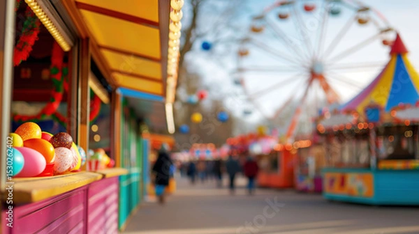 Fototapeta Easter Fairground Bustles With Families Enjoying Rides and Game Stalls Under a Colorful Ferris Wheel
