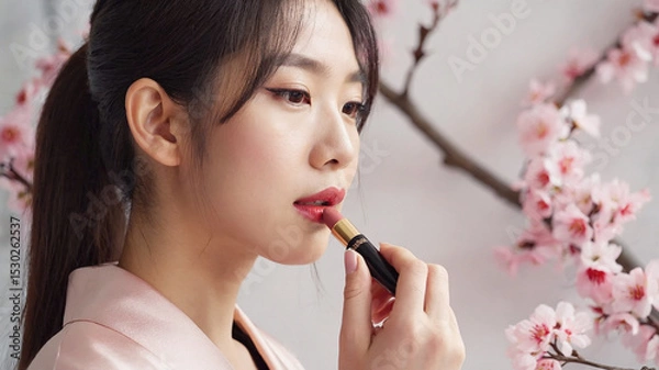 Fototapeta Asian Woman Applying Lipstick in Front of Blossoming Cherry Tree Branches in Soft Lighting. Image made using Generative AI.