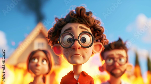 Fototapeta Family Portrait Capturing Tense Moment in Front of a Blazing House With Minimalist Focus on Subjects and Background