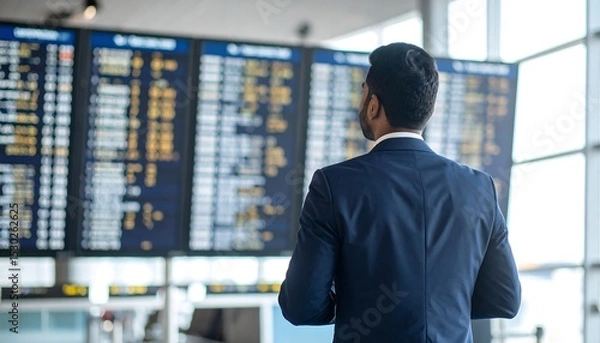 Fototapeta A businessman in a suit checks flight schedule, viewed from the rear in a modern airport setting.