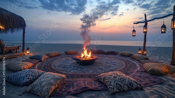 Obraz Patterned Rug Circle and Lantern Poles at Dusk Creating Intimate Atmosphere of Sommerwerft Gathering