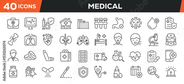 Fototapeta Medical icons set. Web line icons collection related healthcare, doctor, medicine. Editable stroke. Perfect pixel vector illustration isolated on white background.