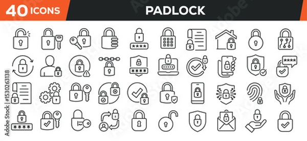 Fototapeta Padlock icons set. Web line icons collection lock, security, protection. Editable stroke. Perfect pixel vector illustration isolated on white background.