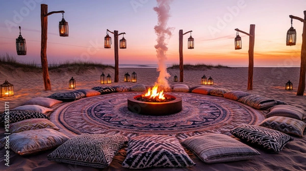 Obraz Patterned Rug Circle and Lantern Poles at Dusk Creating Intimate Atmosphere of Sommerwerft Gathering