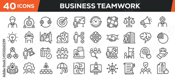 Fototapeta Business teamwork icons set. Web line icons collection business, cooperation, organization, leadership. Editable stroke. Perfect pixel vector illustration isolated on white background.