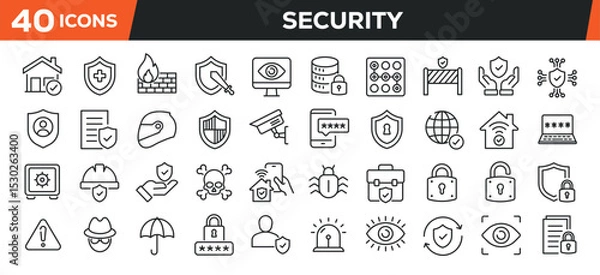 Fototapeta Security icons set. Web line icons collection defense, protection, safety. Editable stroke. Perfect pixel vector illustration isolated on white background.