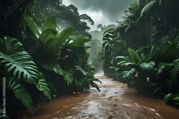 Fototapeta Realistic image of Tropical Rainforest Downpour