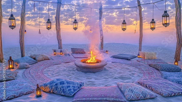 Fototapeta Patterned Rug Circle and Lantern Poles at Dusk Creating Intimate Atmosphere of Sommerwerft Gathering