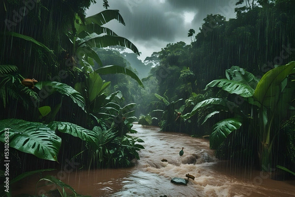 Fototapeta Realistic image of Tropical Rainforest Downpour