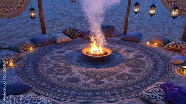 Obraz Patterned Rug Circle and Lantern Poles at Dusk Creating Intimate Atmosphere of Sommerwerft Gathering