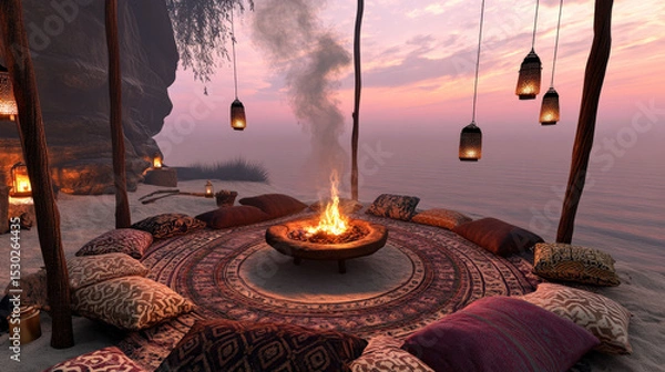 Fototapeta Patterned Rug Circle and Lantern Poles at Dusk Creating Intimate Atmosphere of Sommerwerft Gathering