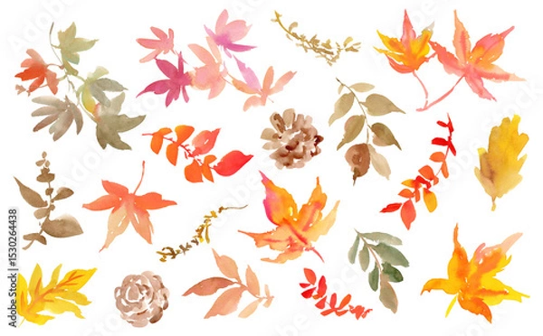 Obraz Watercolor abstract autumn leaves and pinecones PNG clipart set. Hand-painted collection of autumn botanical illustrations with transparent backgrounds.