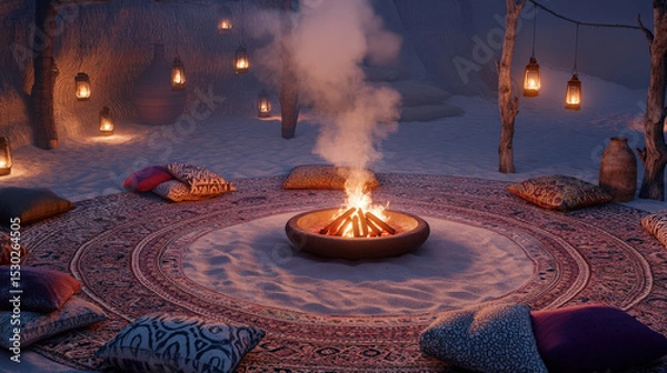Obraz Patterned Rug Circle and Lantern Poles at Dusk Creating Intimate Atmosphere of Sommerwerft Gathering