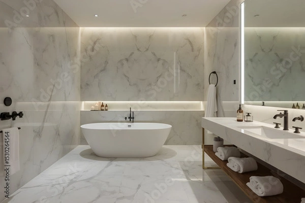 Fototapeta A high-end bathroom featuring a marble-clad soaking tub, floating vanity, and sleek modern finishes, exuding timeless elegance.