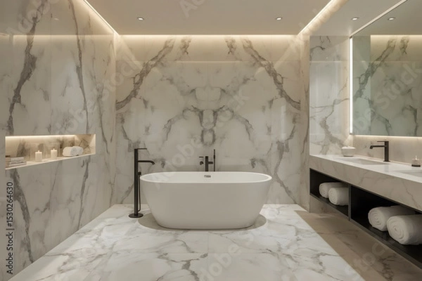 Fototapeta A high-end bathroom featuring a marble-clad soaking tub, floating vanity, and sleek modern finishes, exuding timeless elegance.