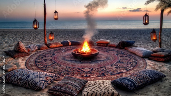Obraz Patterned Rug Circle and Lantern Poles at Dusk Creating Intimate Atmosphere of Sommerwerft Gathering