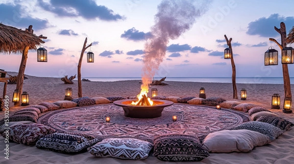 Obraz Patterned Rug Circle and Lantern Poles at Dusk Creating Intimate Atmosphere of Sommerwerft Gathering
