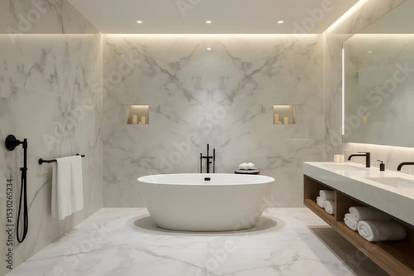 Fototapeta A high-end bathroom featuring a marble-clad soaking tub, floating vanity, and sleek modern finishes, exuding timeless elegance.