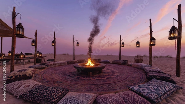 Obraz Patterned Rug Circle and Lantern Poles at Dusk Creating Intimate Atmosphere of Sommerwerft Gathering