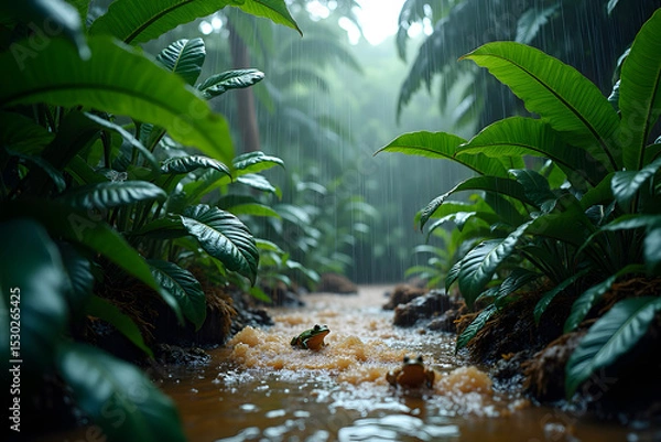 Fototapeta Realistic image of Tropical Rainforest Downpour
