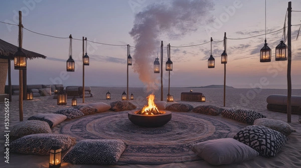 Obraz Patterned Rug Circle and Lantern Poles at Dusk Creating Intimate Atmosphere of Sommerwerft Gathering