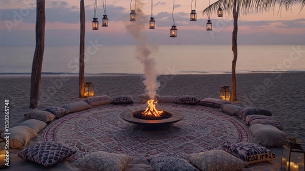 Obraz Patterned Rug Circle and Lantern Poles at Dusk Creating Intimate Atmosphere of Sommerwerft Gathering
