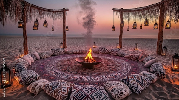 Obraz Patterned Rug Circle and Lantern Poles at Dusk Creating Intimate Atmosphere of Sommerwerft Gathering