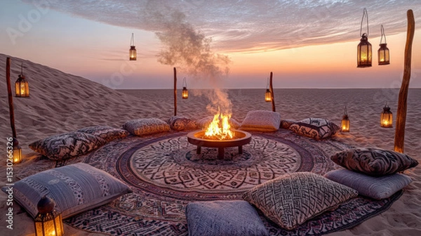 Fototapeta Patterned Rug Circle and Lantern Poles at Dusk Creating Intimate Atmosphere of Sommerwerft Gathering
