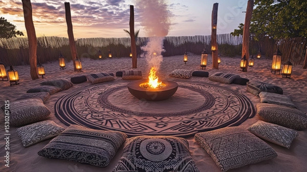 Obraz Patterned Rug Circle and Lantern Poles at Dusk Creating Intimate Atmosphere of Sommerwerft Gathering