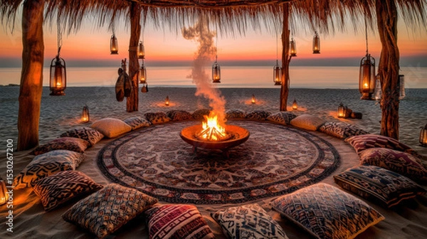 Obraz Patterned Rug Circle and Lantern Poles at Dusk Creating Intimate Atmosphere of Sommerwerft Gathering