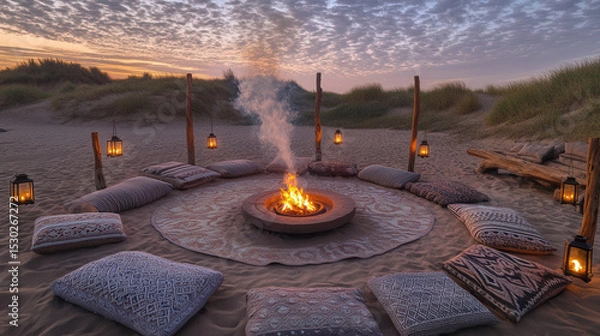 Obraz Patterned Rug Circle and Lantern Poles at Dusk Creating Intimate Atmosphere of Sommerwerft Gathering