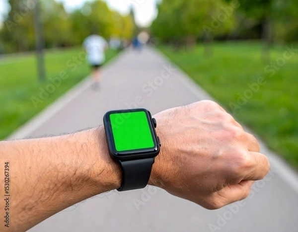 Fototapeta Green Screen Smartwatch on Wrist in Urban Park with Jogger in Background
