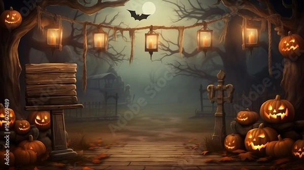 Fototapeta Halloween background spooky forest pumpkins lanterns bat full moon halloween night party october scary 3d render
