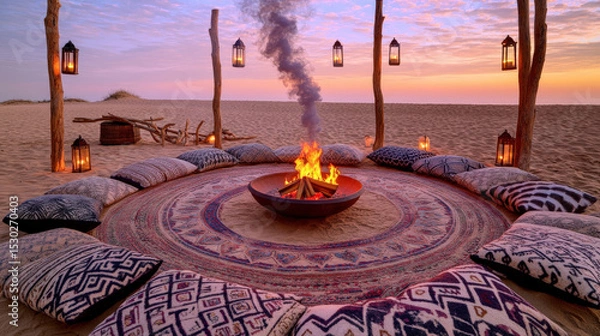 Fototapeta Patterned Rug Circle and Lantern Poles at Dusk Creating Intimate Atmosphere of Sommerwerft Gathering