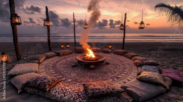 Obraz Patterned Rug Circle and Lantern Poles at Dusk Creating Intimate Atmosphere of Sommerwerft Gathering
