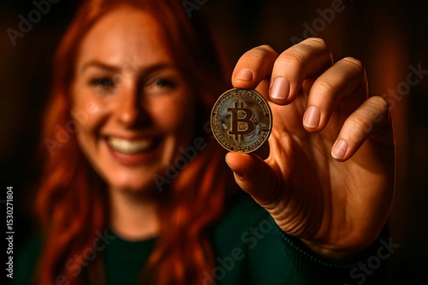 Fototapeta  Smiling redhead woman holding a Bitcoin coin in the foreground